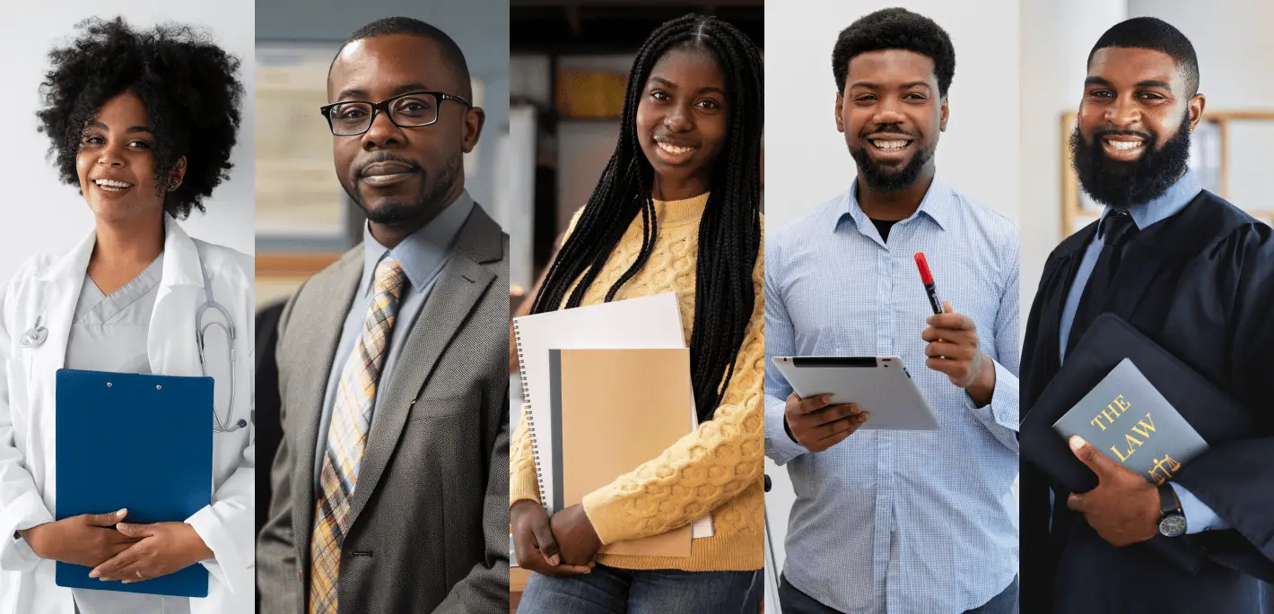 A collage of five diverse professionals representing healthcare, business, education, project management, and law careers.