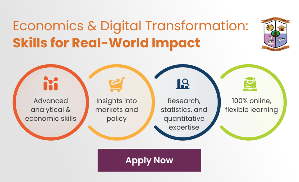 Nfographic titled economics  digital transformation skills for real world impact featuring four benefit circles and a copperbelt university logo