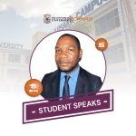 A male student in a suit and tie featured in a "Student Speaks" testimonial banner for The Copperbelt University Ecampus.